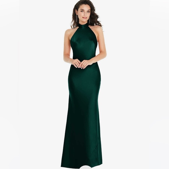 NWT Social SCARF TIE HIGH-NECK HALTER MAXI SLIP DRESS IN EVERGREEN